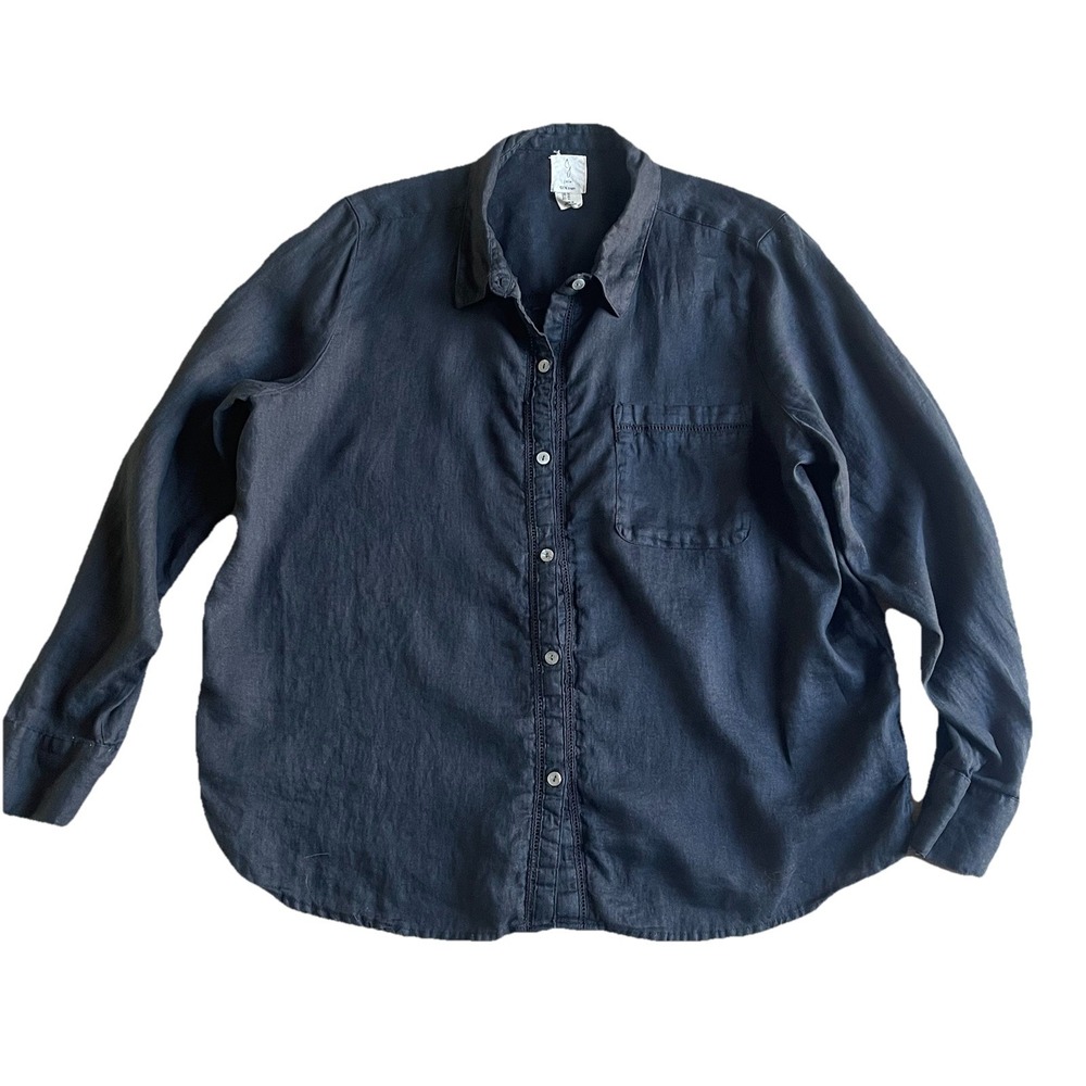 Joie 100% Linen Black Button Up Shirt XL V-Neck Long Sleeve Pockets Classic